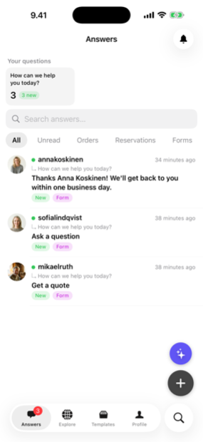 The Answe app inbox showing incoming answers