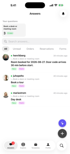 The Answe app inbox showing incoming answers