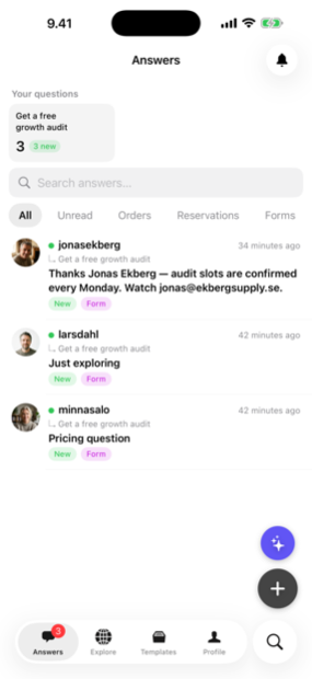 The Answe app inbox showing incoming answers