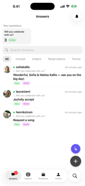 The Answe app inbox showing incoming answers