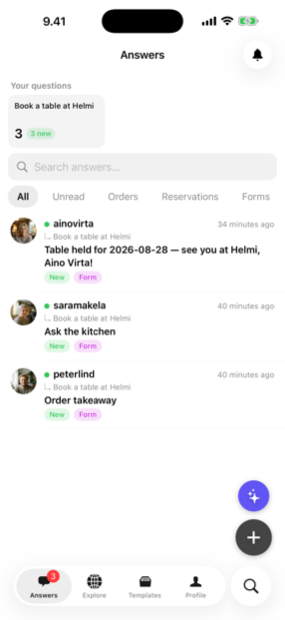 The Answe app inbox showing incoming answers
