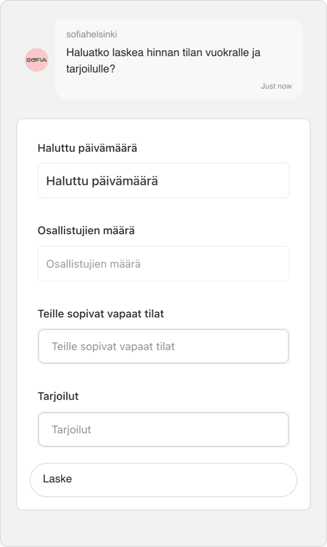 Sofia Helsinki’s meeting-room price calculator, embedded on sofiahelsinki.fi: date, group size, room and catering, then one button.