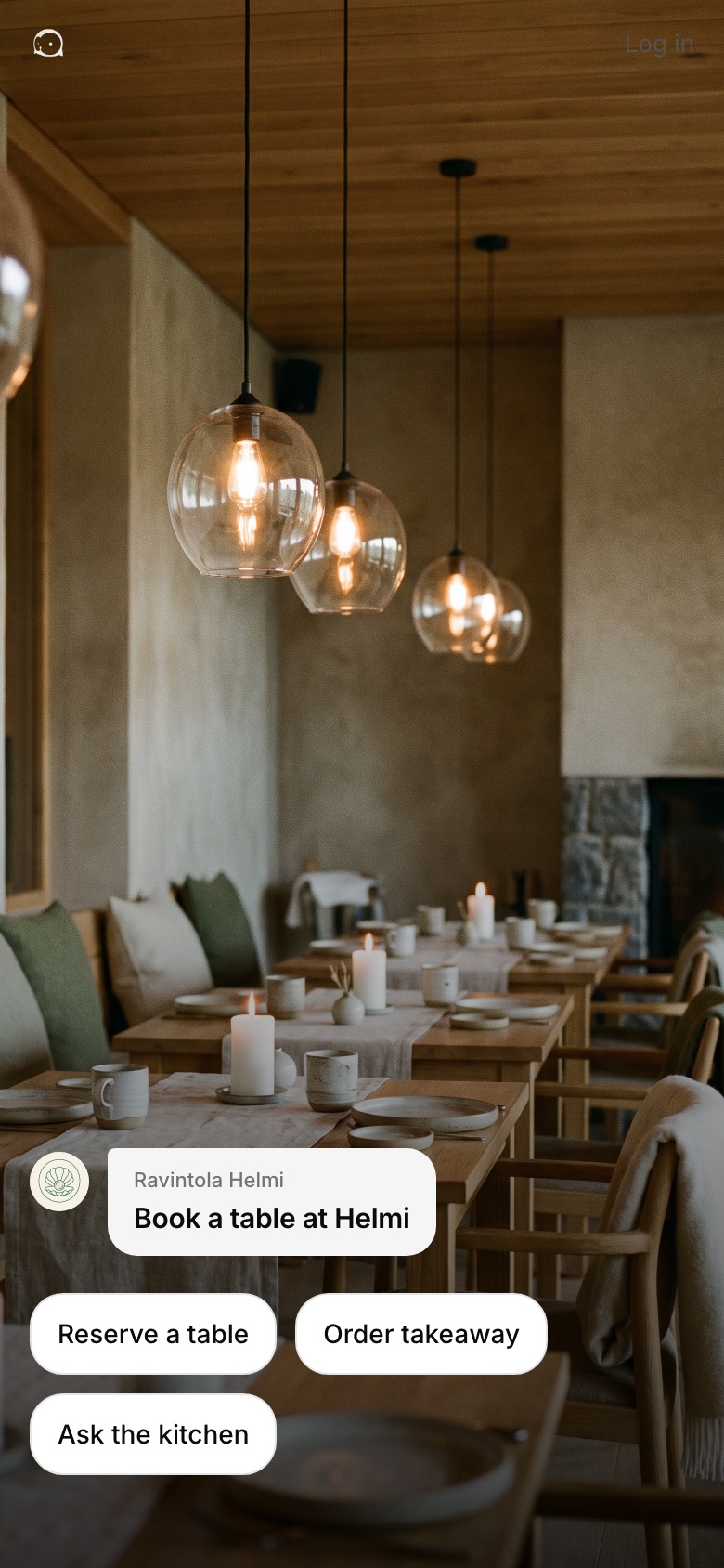Ravintola Helmi’s Answe page, as the customer opens it