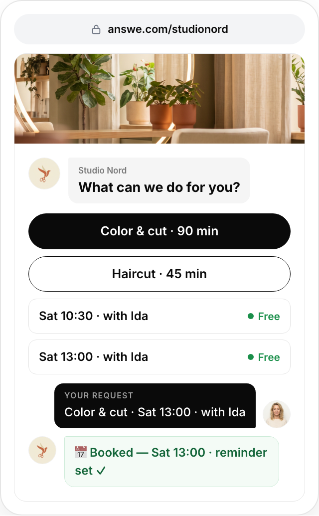 Book — The right service, person and slot — before the calendar opens.