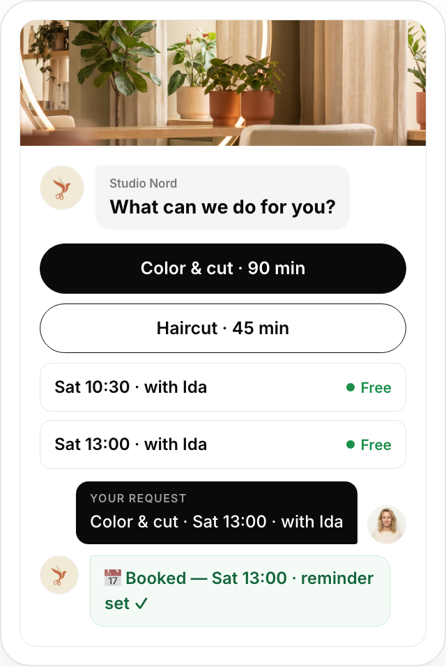 Book — The right service, person and slot — before the calendar opens.