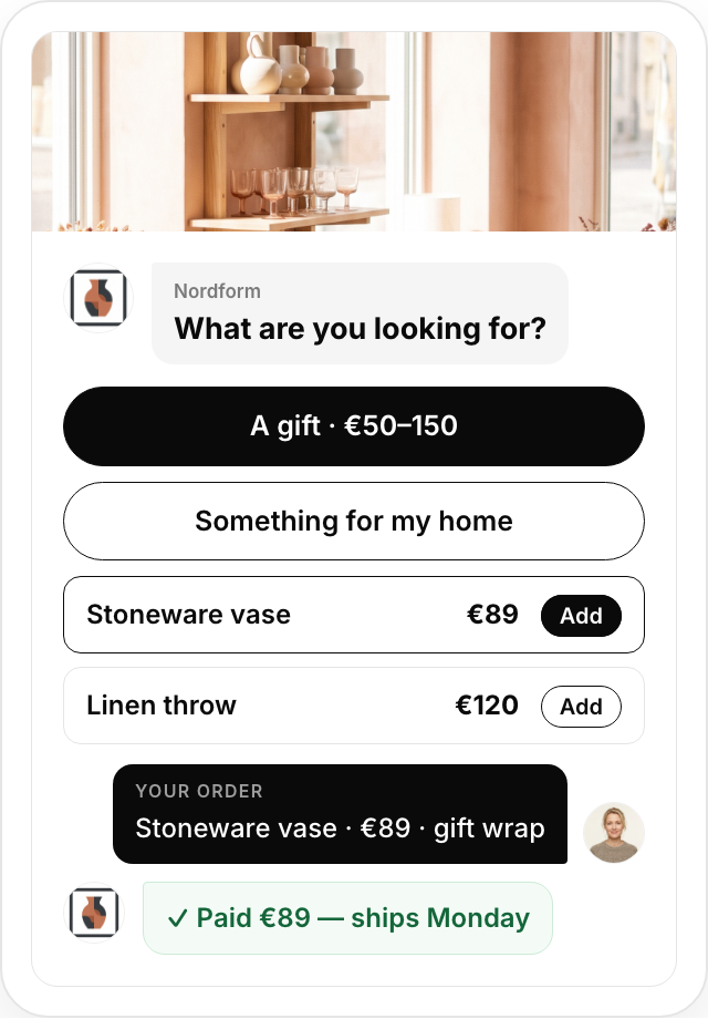 Buy — Preferences become a recommendation and a paid order.