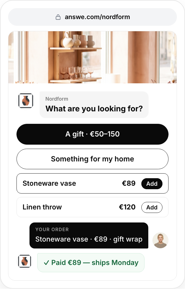 An order flow recommending products and completing payment